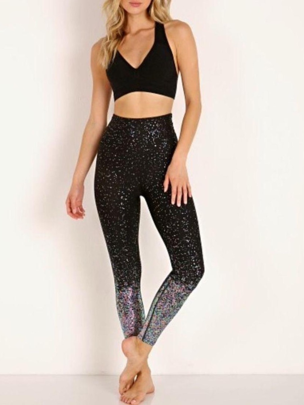 Beyond Yoga navy alloy ombre high-waisted midi leggings speckled foil design